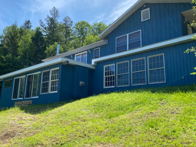 Blue vertical siding with white soffit and fascia along a long rear roofline