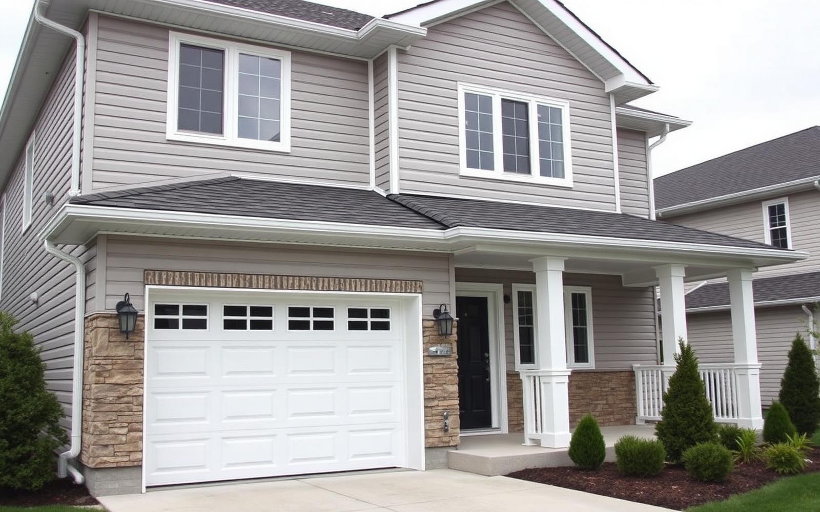 Two-storey Kitchener home after full grey vinyl siding installation with white aluminum trim
