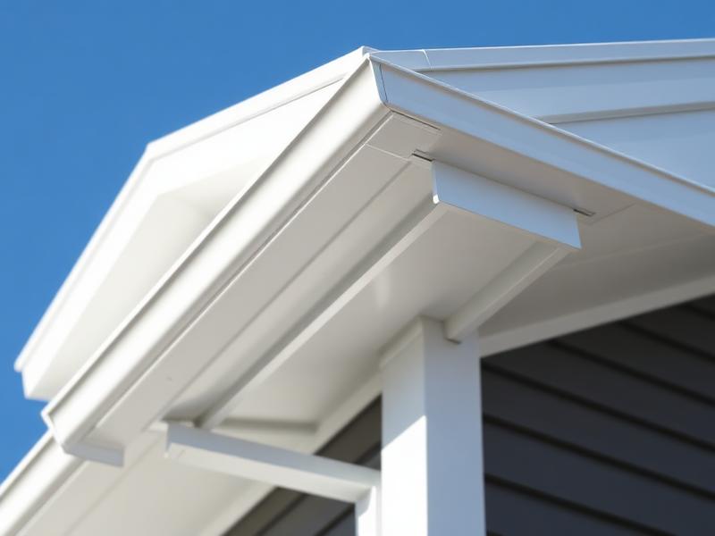 Crisp white aluminum fascia, soffit and seamless eavestrough along a roofline