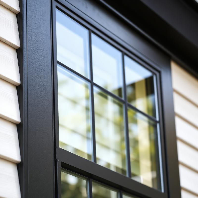 Modern black-framed residential window with aluminum trim detail